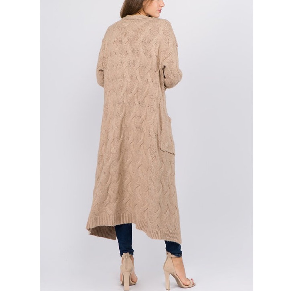 Boho Khaki Beige Chunky Cable Knit Long Cardigan Sweater Duster Coat - Picture 4 of 6